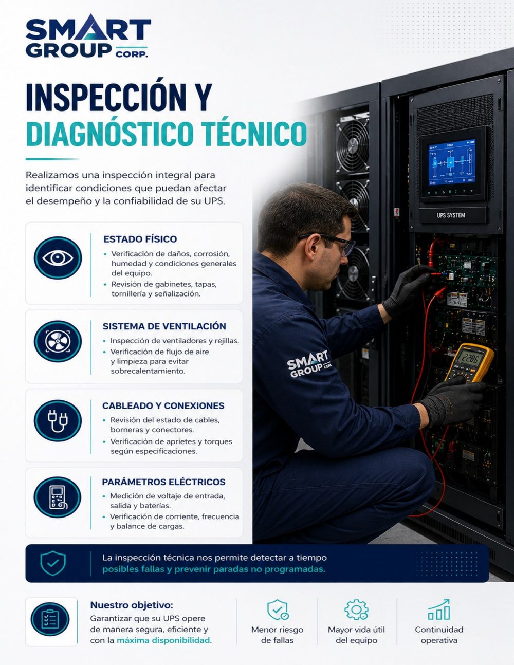 Inspección y diagnóstico técnico de UPS con medición de parámetros eléctricos